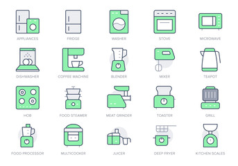 Electronic kitchen devices simple line icons. Vector illustration with minimal icon - fridge, dishwasher, oven, toaster, steam cooker, kettle, multicooker, hob. Green Color. Editable Stroke