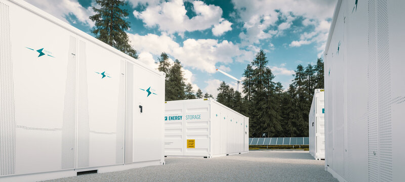 Modern Container Battery Green Energy Storage System Accompanied With Solar Panels And Wind Turbine Situated In Nature 3d Rendering.