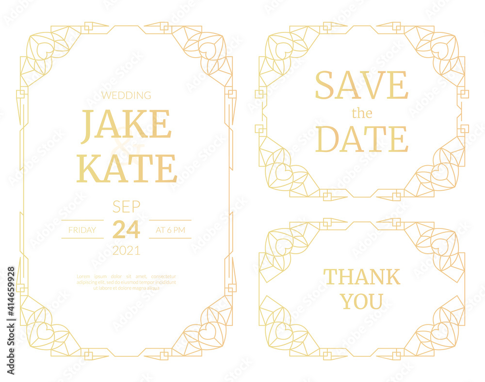 Wall mural vector illustrations set of luxury wedding invitation cards with gold gradient. gold frame. line art