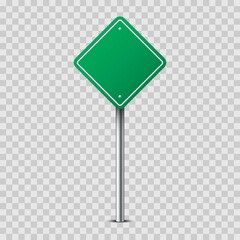 Realistic green rhombus traffic sign on metal pole isolated on transparent background. Blank traffic road empty sign. Mock up template for your design.