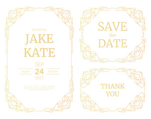 Vector illustrations set of luxury wedding invitation cards with gold gradient. Gold frame. Line art deco vintage geometric pattern wedding template for save the date cards with heart shape corners.