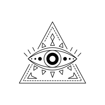Vector illustration blackwork line art mystic eye tattoo. Providence sight amulet in triangle. Evil eye geometric ornament. Esoteric sign. Sacred geometry spirituality, occultism. Isolated on white