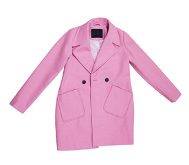 Pink wool female coat isolated on white, female stylish pink coat over white background