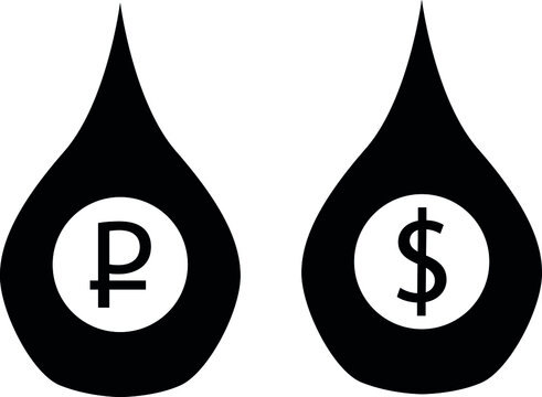 Two Drops Of Black Oil With The Ruble And Dollar Logo