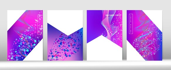 Modern Covers Set. Big Data Neon Tech Background. Blue Pink Purple Cyber Vector Cover
