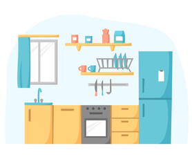 Kitchen in flat design, cook room concept, kitchen unit with refrigerator, oven and stove, vector illustration 