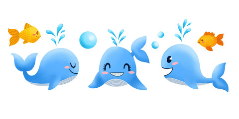 Obraz premium Cartoon blue whales with goldfish. Childish ocean character design. Illustration isolated on white.