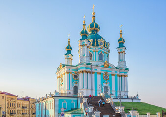 View to Andriivska church in the center of Kyiv, Ukraine