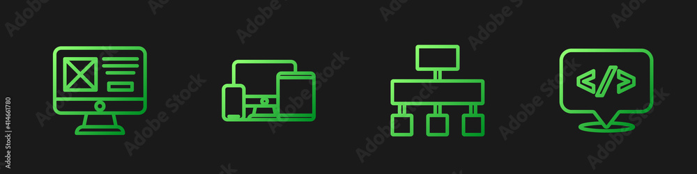 Wall mural set line site map, ui or ux design, monitor, mobile, tablet and front end development. gradient colo