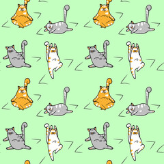 Seamless pattern with yoga cats and mats. Animalistic vector background. Orange and gray tones. Can be used for wallpapers, pattern fills, textile