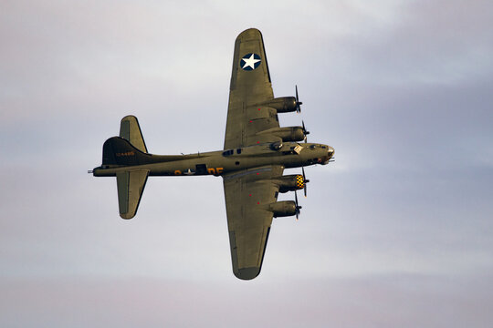 Vintage warbird US Air Force Boeing B-17 Flying Fortress WW2 bomber plane perforing at the Sanice Sunset Airshow. Belgium - September 13, 2019.