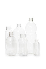 many different empty plastic bottles isolated on white background.