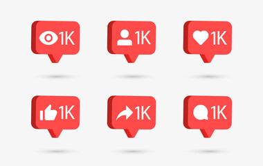 1k, Social media notification icons in 3d speech bubbles like love comment share follower seen icon