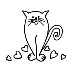 Cool cat with hearts drawn in outline style in doodle style. Illustration for the holiday Valentine's Day. Vector.