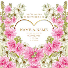 wedding template romantic women's floral card, Hollyhocks  flowers