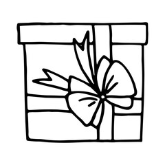 Vector box decorated with a ribbon with a bow. Illustration of a gift for the holidays. Drawn with outline in doodle style. White background.