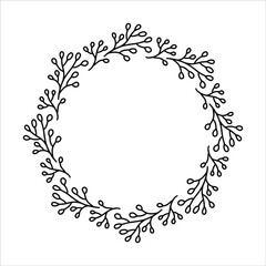 Vector hand drawn spring wreath isolated on white background. Outline circle of leaves. Doodle style. Floral frame.