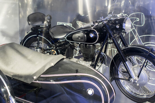 MUNICH, GERMANY - NOVEMBER 24, 2018 : Exhibition and achievements of the exhibits of the legendary models of cars and motorcycles in the BMW Museum. 
