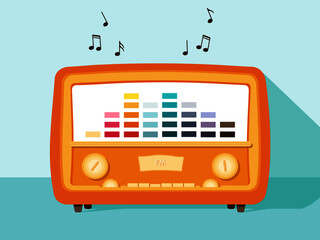 retro FM radio . Vector illustration of a radio receiver on a light green background.