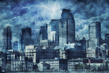 Dramatic view of the city of Montreal affected by the Covid-19 storm