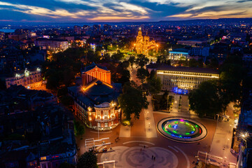 Sunset aerial view of the Independence square in Varna, Bulgaria - obrazy, fototapety, plakaty