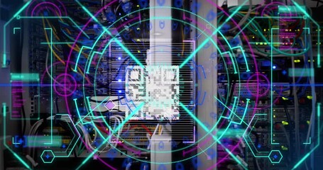 Digital animation of qr code scanner over round neon scanner against closeup of computer server - Powered by Adobe