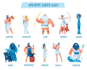 Ancient greek gods. The mythological deities of Olympia. Aphrodite, apollo, artemis, atropos, dionysus, gorgon, hades, hephaestus, poseidon, zeus. Vector illustration.
