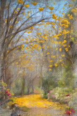 Fototapeta premium Cochlospermum regium trees, yellow flowers and the road in country side of Thailand. Image oil paint.