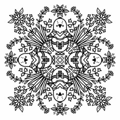 Fototapeta premium Vector illustration of Easter chickens in an egg. The chicken has hatched from the egg. Circular pattern. Black and white illustration on a white background. Coloring book, postcard, invitation card.