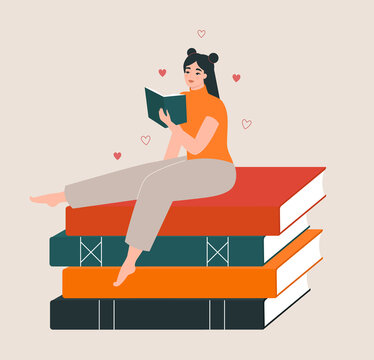 Woman reading a book. Young cute girl sitting on a big pile of books. Studying, learning, self education, bookworm concept. Student reading literature, textbook. Isolated flat vector illustration