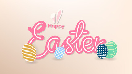 Happy Easter Hand drawn calligraphy with Rabbit ears t and egg on Pastel background ,Vector Illustration EPS 10