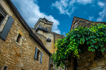 Fototapeta na wymiar Imagen con punto de vista contrapicado de la torre, las murallas y las casas cercanas con enredaderas en un castillo medieval francés