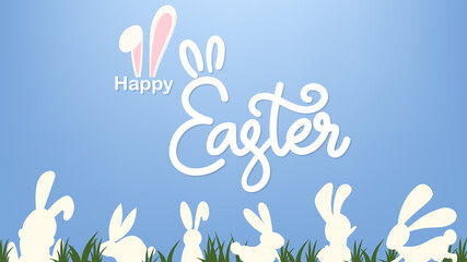 Happy Easter Hand drawn calligraphy with rabbit and egg on blue background ,Vector Illustration EPS 10