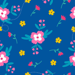 Cute spring flower seamless pattern on blue background vector illustration