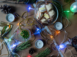 Photo New Year's flat ley. Christmas background.  colorful decorations. new year multi-colored illumination. craft bags