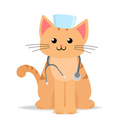 Cartoon ginger cat doctor flat illustration. Kitty in medicine hat with stethoscope. Healthcare design concept. Isolated vector.