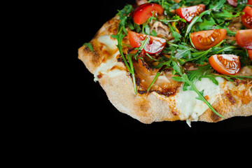Pinsa romana gourmet italian cuisine on black background. Scrocchiarella traditional dish. Food...