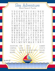 Sea adventure word search puzzle for learning English words. Summer crossword. Nautical theme. Printable worksheet. Party card. Boat on the waves. Vector illustration. 