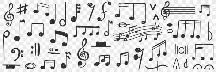 Musical notes drawings doodle set. Collection of hand drawn musical notation with notes treble clef bass clef stave and notes for writing music and education isolated on transparent background - obrazy, fototapety, plakaty