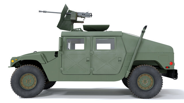 US Military Armored All Terrain Vehicle HMMWV. 3d Rendering. Isolated Background.