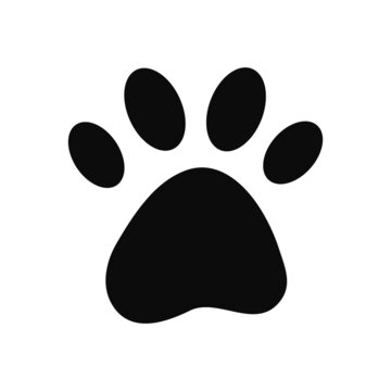 Dog or cat pet paw flat logo icon silhouette. Simple black vector illustration isolated on white background. Kitten or puppy leg trace print.