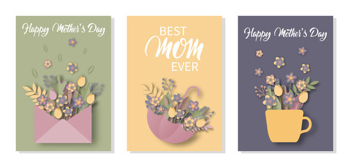 Happy Mothers Day greeting cards Set. Hand written quote. Colorful 3d Paper art with spring flowers. Origami holiday background for Women's Day. Vector illustration paper cut and craft style.
