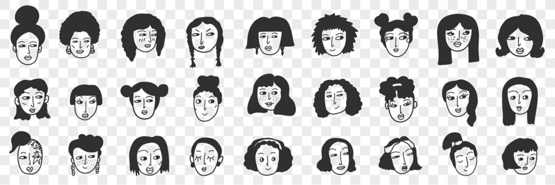 Hairstyle of brunette woman doodle set. Collection of hand drawn female faces with black hair with various short and long straight and curly hairstyles portraits isolated on transparent background