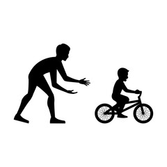 black silhouette design with isolated white background of father teach son cycling,