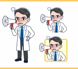 拡声器を持ってお知らせしている医者