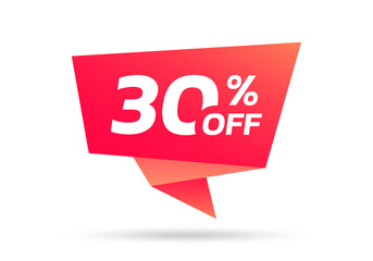 30% sale or discount tag, sticker or origami label. 30 percent price off badge. Promotion, ad banner, promo coupon design element. Vector illustration.