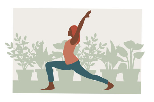 Yoga woman illustration. Aerobics exercise, physical and spiritual practice, houseplants in background. Vector illustration.