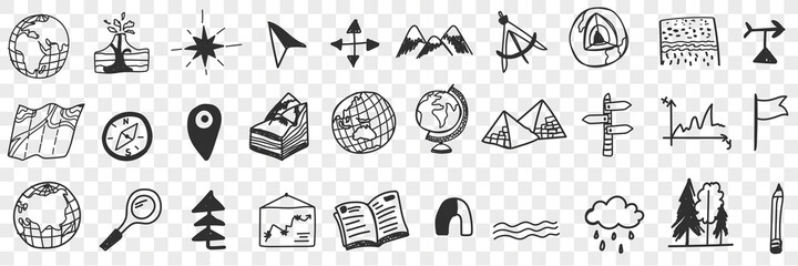 Navigation tools and equipment doodle set. Collection of hand drawn maps globes arrows compass orienteering on nature traveling tools magnet geotags navigator isolated on transparent background © drawlab19