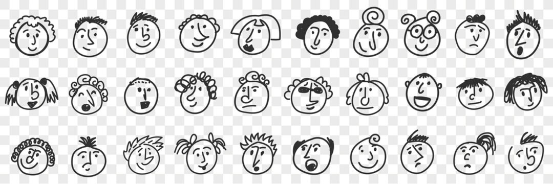 Funny children faces doodle set. Collection of hand drawn cute funny caricature girls and boys faces portrait with positive and negative facial expressions emotions isolated on transparent background