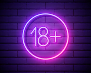 Eighteen plus, age limit, sign in neon style. Only for adults. Night bright neon sign, symbol 18 plus isolated on brick wall